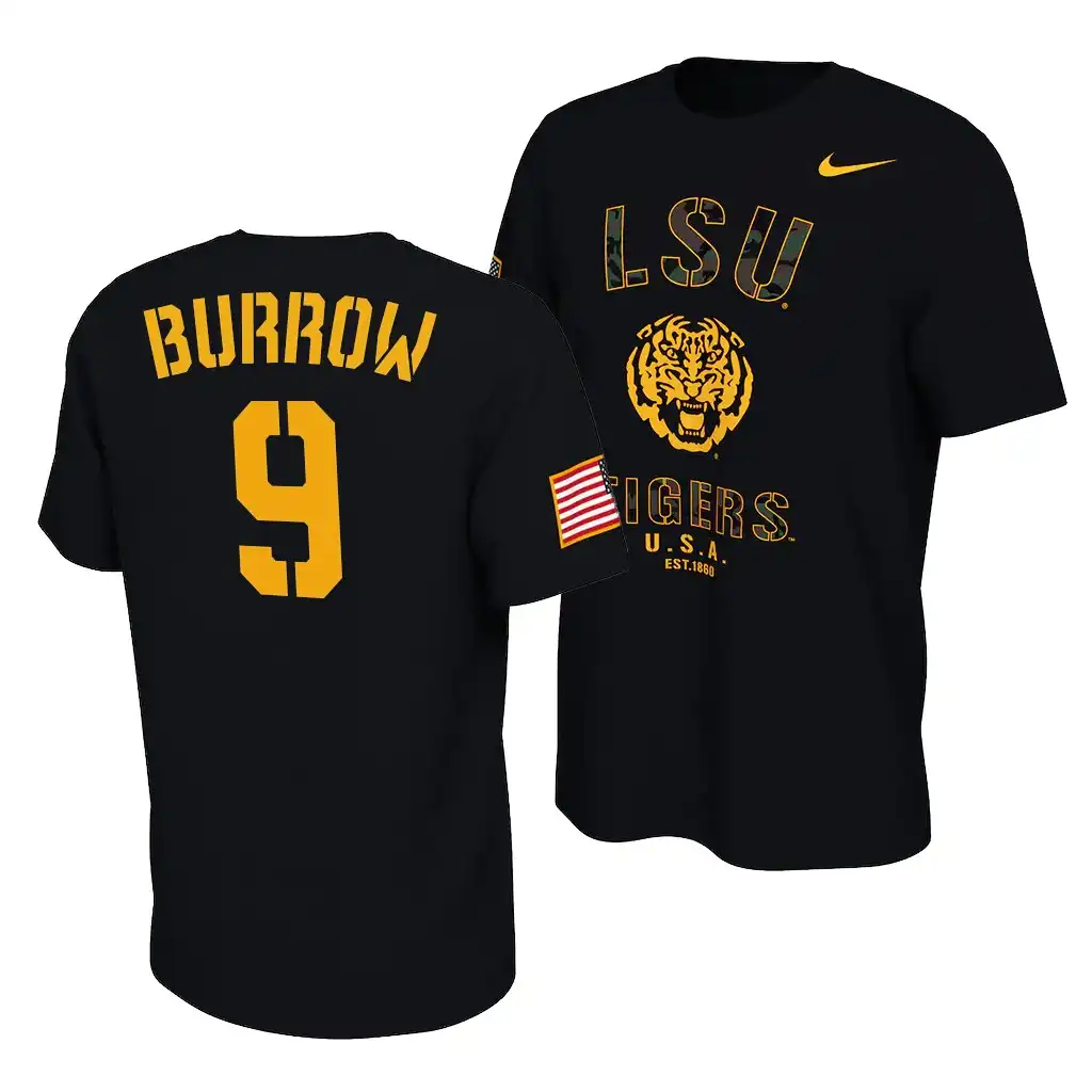 Men's LSU Tigers Joe Burrow #9 2021 America Flag Veterans Day Black NCAA Football T-Shirt